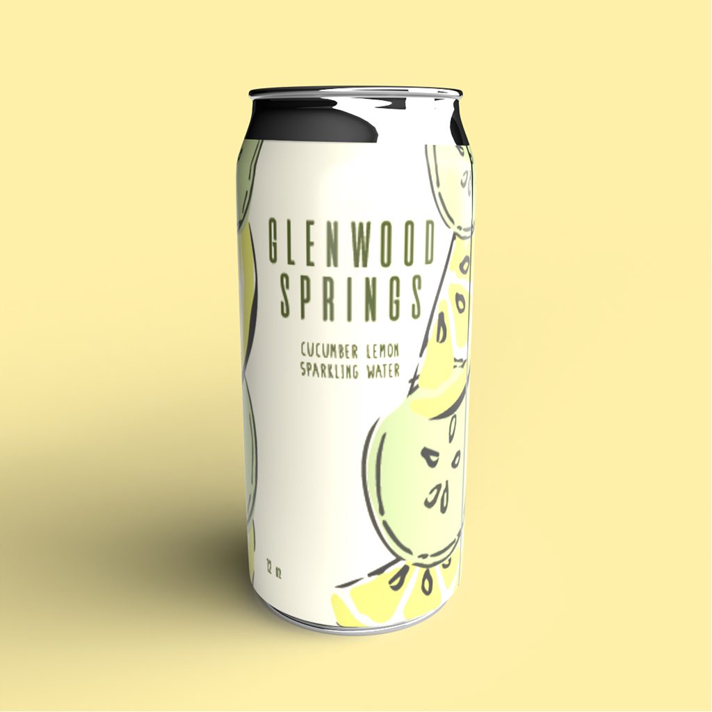 A White Can of "Glenwood Springs Cucumber Lemon Sparkling Water."